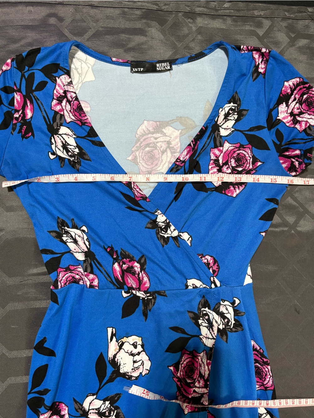 Rebel Sugar Blue Floral Wrap Midi Dress with Pink & White Roses Size XS - Picture 6 of 7